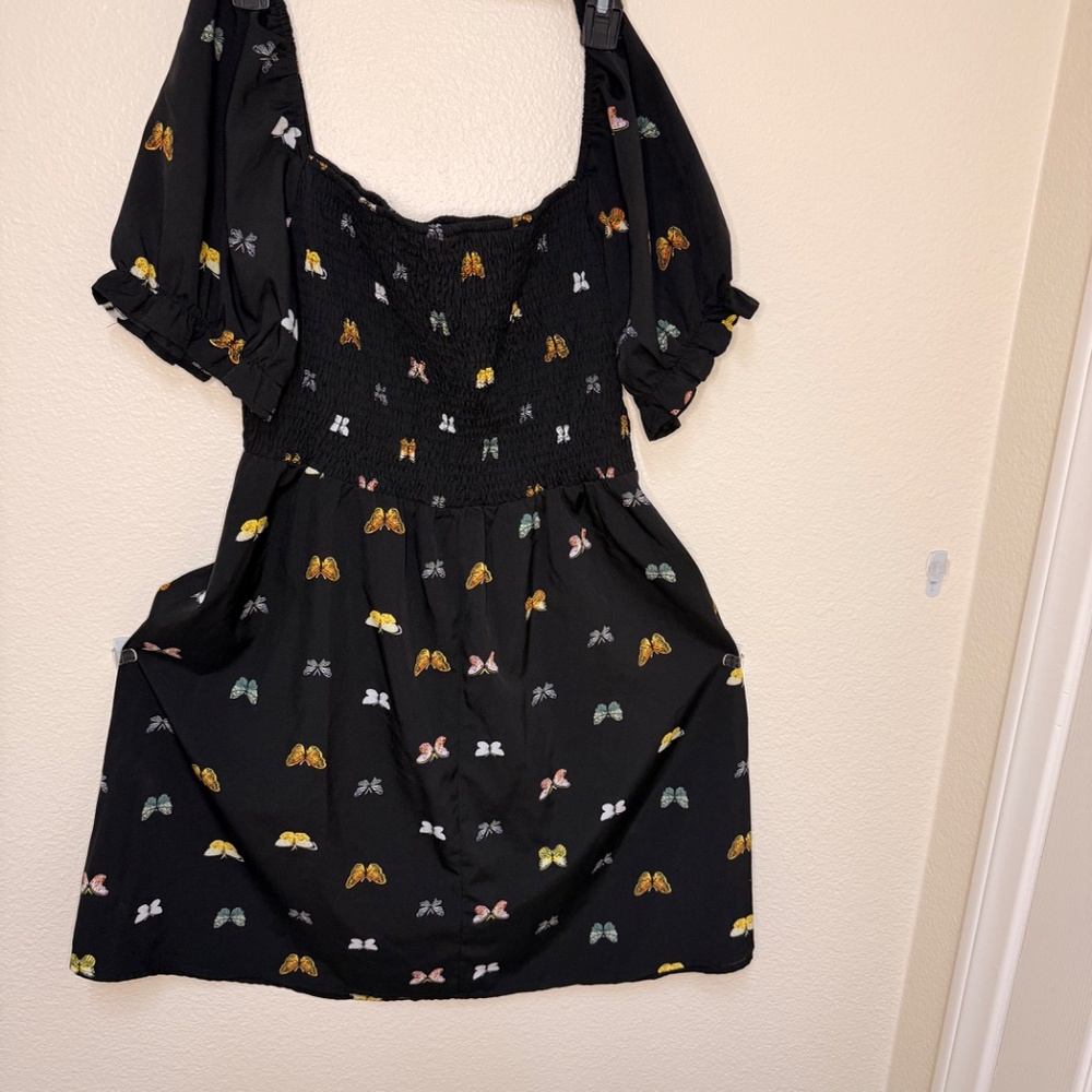 SHEIN Curve Butterfly Print Smock Fit & Flare Puff Sleeve Dress 1XL Black Women - Picture 6 of 7